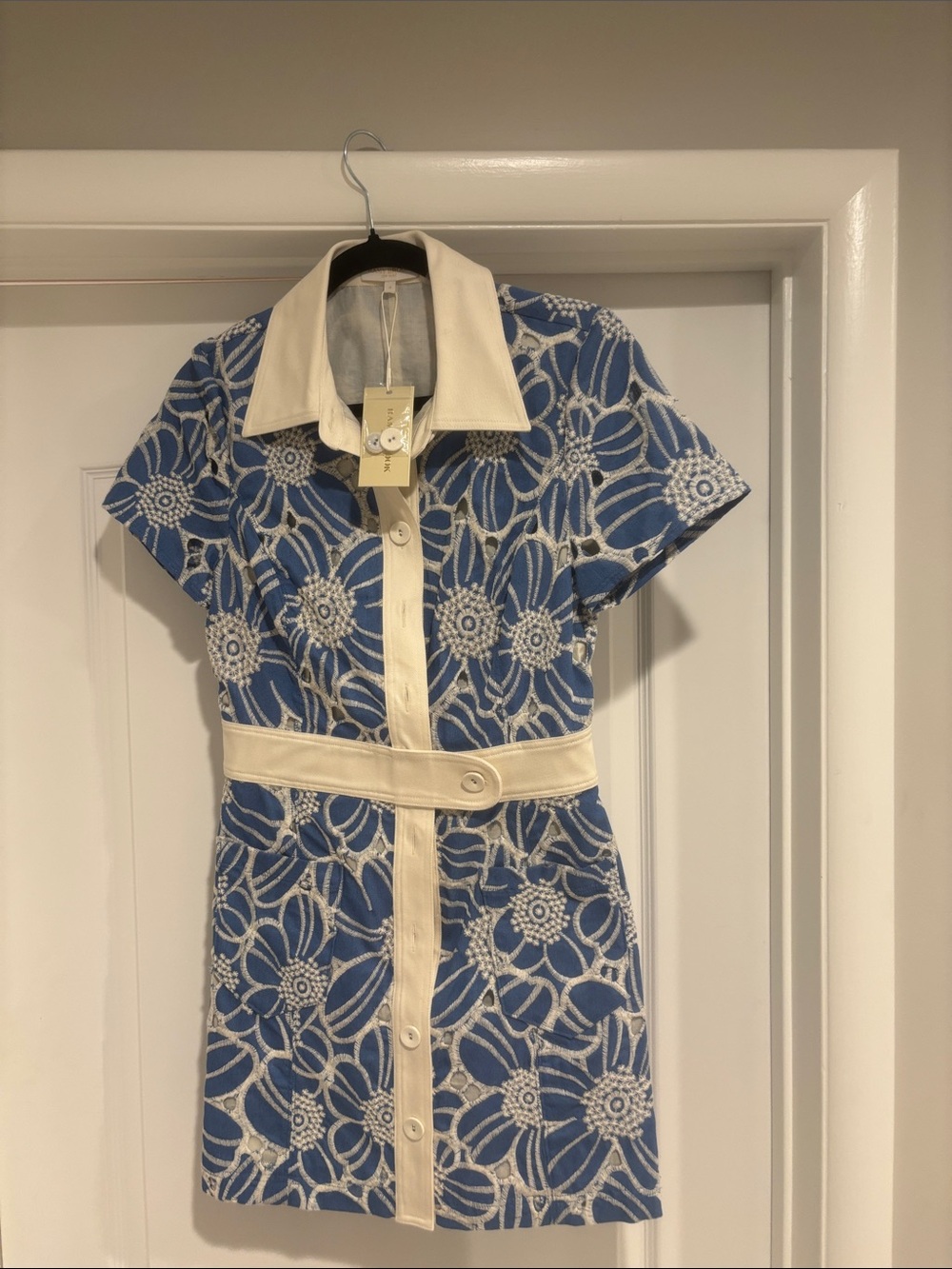 Ramy Brook Blue and Cream Floral Lace-Overlay Dress